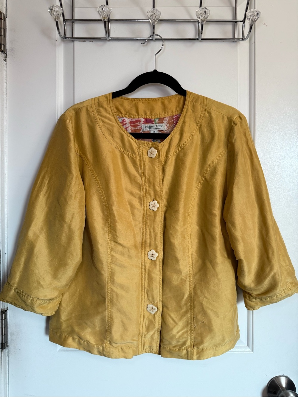 Vintage Coldwater Creek Silk Mustard Yellow Jacket w Funky Flower Buttons